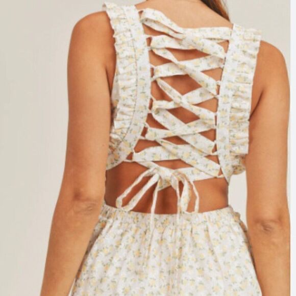 Mable Lexi Lace Up Yellow Floral Ruffle Cut Out Mini Dress Sz M - Picture 2 of 9